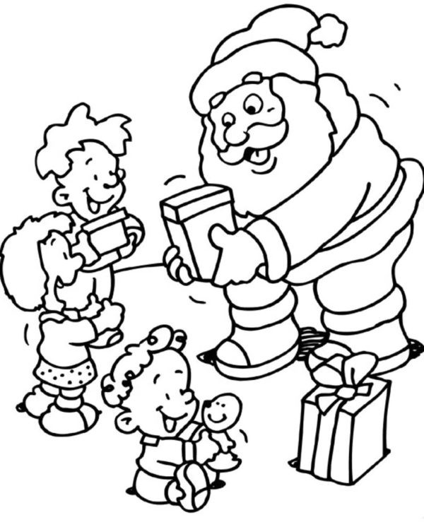Grzeczne dzieci otrzymują prezenty od Świętego Mikołaja kolorowanka do druku